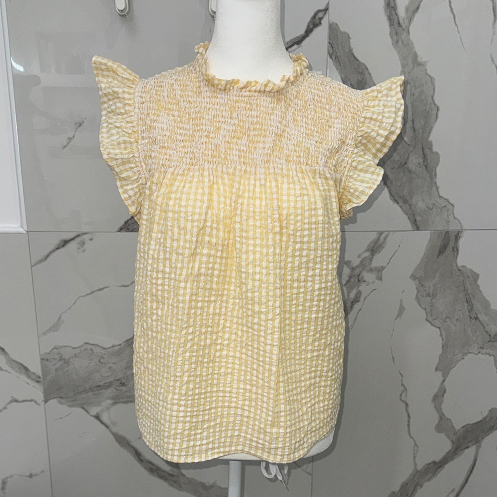 English Factory Yellow Gold Flecked Checkered Ruffle Sleeve Smocked Blouse